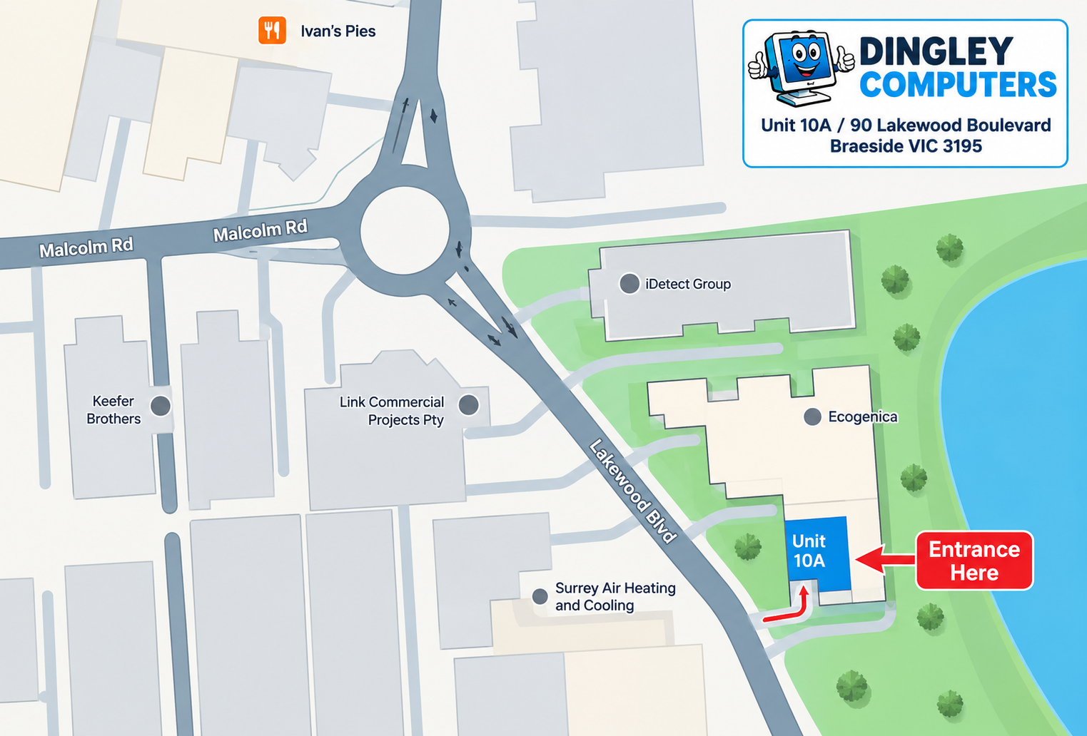 Illustrated map showing the entrance to Dingley Computers, Unit 10A at 90 Lakewood Boulevard, Braeside